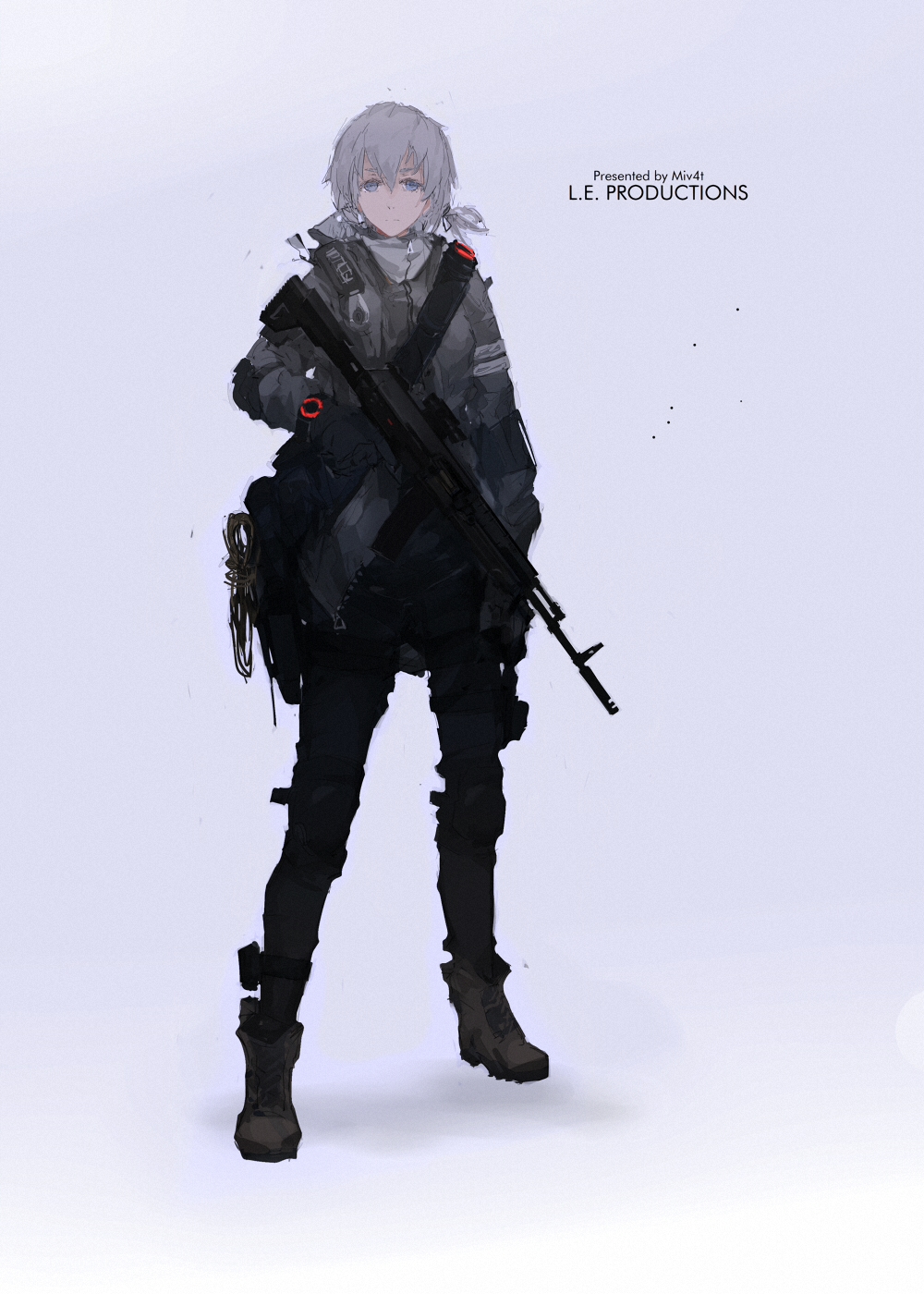 1girl assault_rifle blue_eyes boots character_sheet combat_boots full_body grey_hair gun highres laser_sight mivit original rifle scope short_hair simple_background sling solo tom_clancy's_the_division weapon