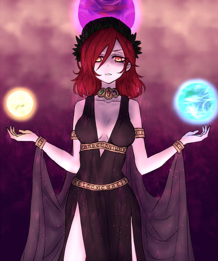 1girl alternate_costume armlet bangle bare_shoulders bracelet breasts choker cleavage collarbone cowboy_shot dress earth earth_(ornament) english expressionless gem goddess hecatia_lapislazuli jewelry looking_at_viewer miata_(pixiv) moon moon_(ornament) necklace open_mouth orb pale_skin parted_lips polos_crown red_eyes redhead roman_clothes shaded_face shawl side_slit solo thighs toga touhou triangle_mouth v-neck when_you_see_it yellow_eyes