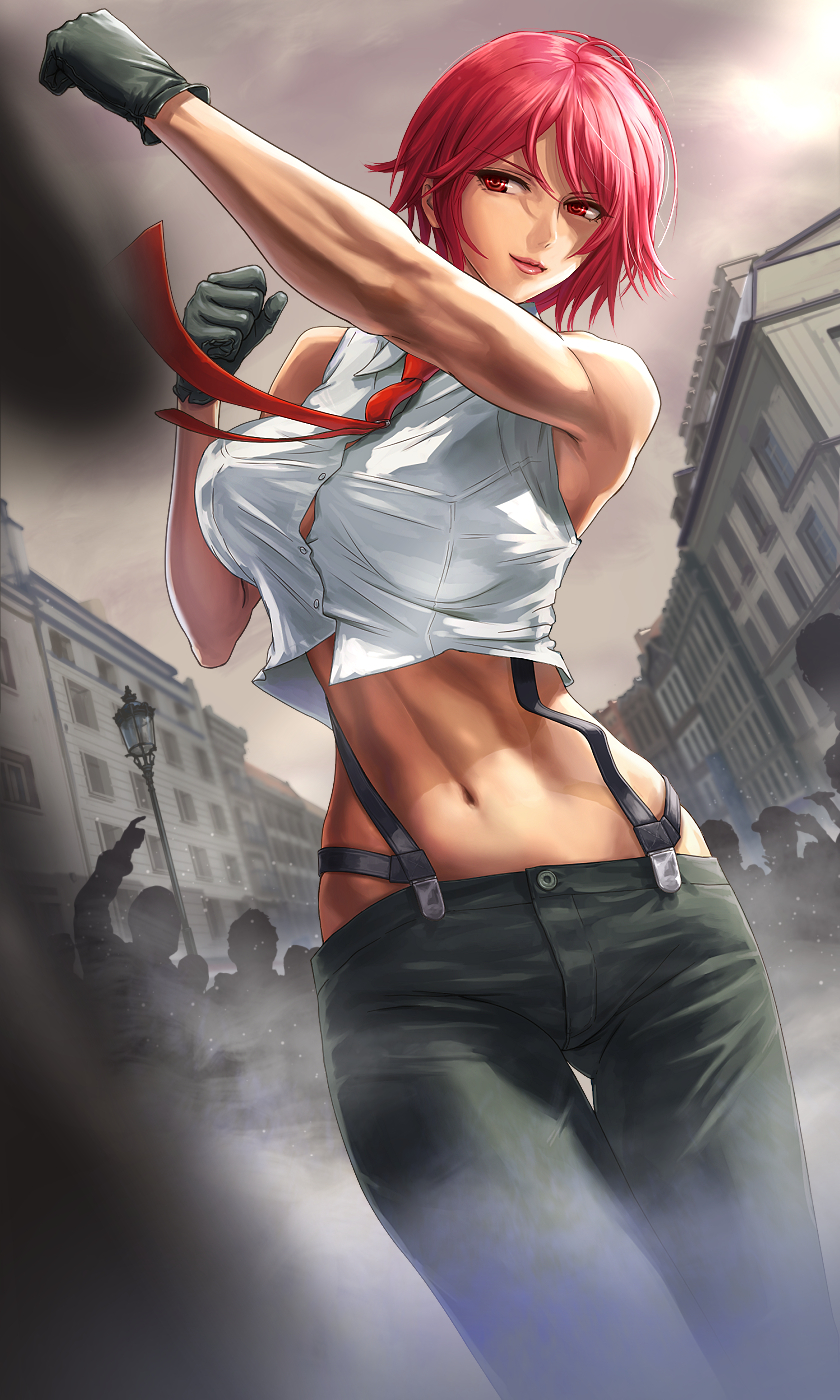 1girl breasts gloves highres l.g_(greenforce1) large_breasts lips lipstick makeup midriff navel necktie pants red_eyes redhead shirt short_hair sleeveless snk solo suspenders the_king_of_fighters vanessa_(king_of_fighters)