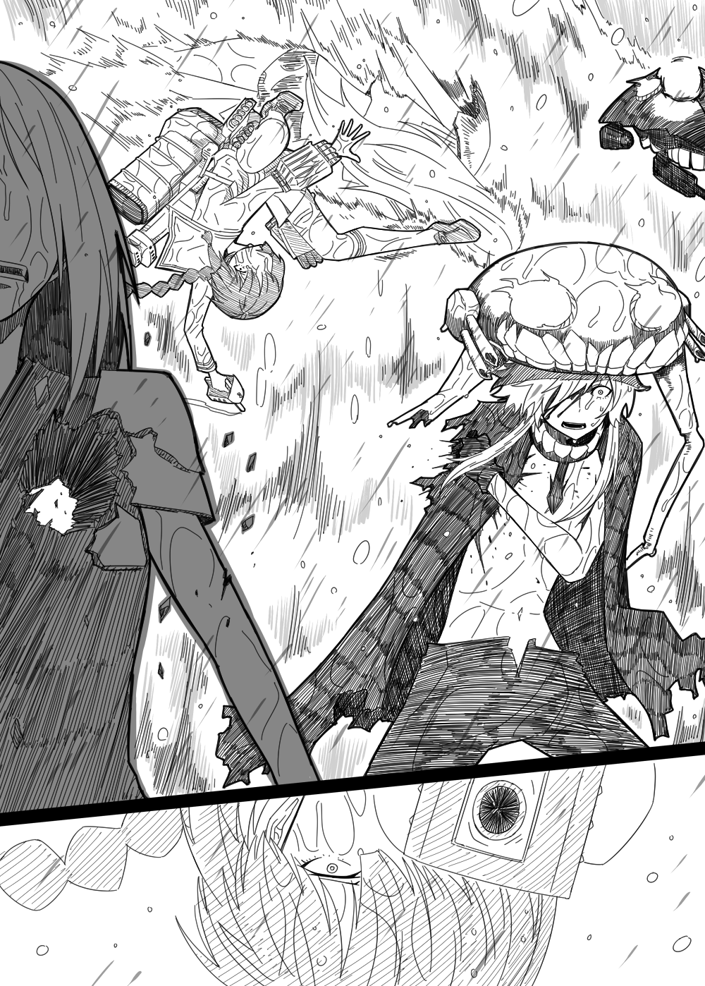 4girls aiming_at_viewer amputee armor bangs birii blood blood_on_face bloody_clothes blunt_bangs braid bullet_hole cannon cape close-up collar constricted_pupils deep_wound enemy_aircraft_(kantai_collection) greyscale gun hair_over_one_eye hand_on_own_arm highres injury kantai_collection kitakami_(kantai_collection) loafers long_hair monochrome multiple_girls one_eye_covered open_mouth rigging school_uniform serafuku shinkaisei-kan shirt shoes shoulder_armor sketch smoke smoking_gun socks spray standing_on_person surfing ta-class_battleship upside-down water_drop weapon wet wet_clothes wet_face wet_shirt wet_socks wide-eyed wo-class_aircraft_carrier