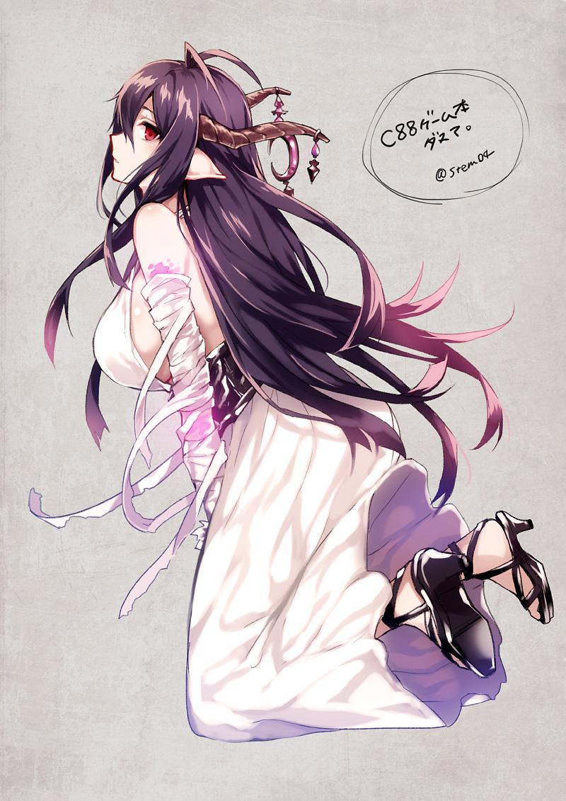 1girl antenna_hair arisaka_ako bandaged_arm bandages bare_shoulders bent_knees black_shoes breasts crescent danua dress full_body granblue_fantasy hair_between_eyes horn_ornament horns large_breasts long_hair looking_at_viewer pointy_ears profile promotional_art purple_hair red_eyes shoes sideboob sleeveless solo white_dress