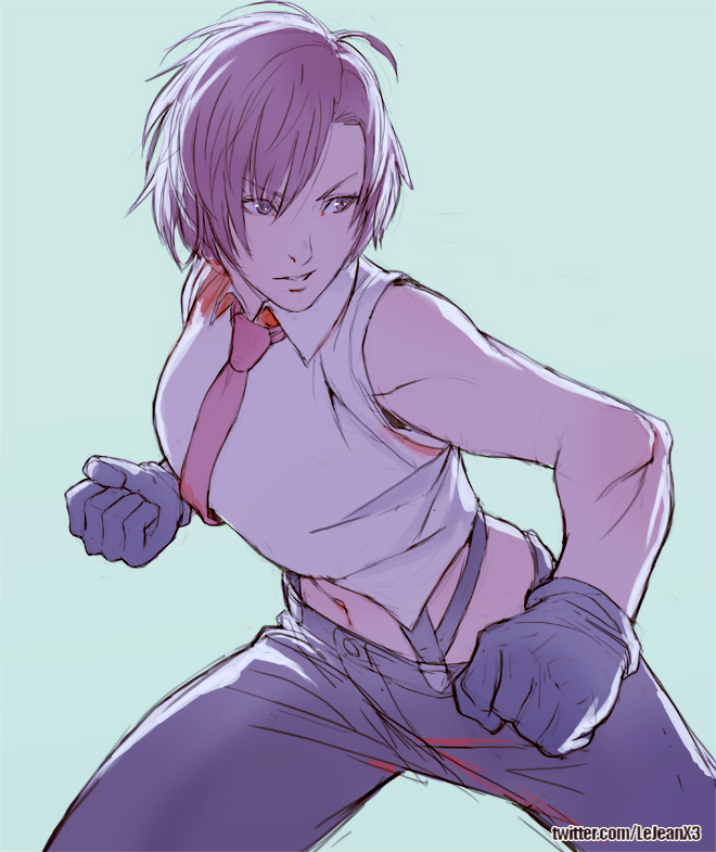 1girl gloves kasai necktie pants short_hair signature solo suspenders the_king_of_fighters twitter_username vanessa_(king_of_fighters)