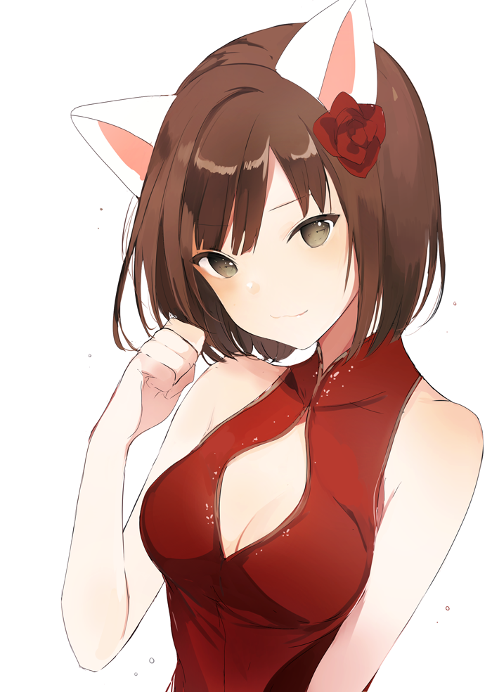 1girl animal_ears bare_shoulders breasts brown_eyes brown_hair cat_ears china_dress chinese_clothes cleavage cleavage_cutout dress flower hair_flower hair_ornament idolmaster idolmaster_cinderella_girls looking_at_viewer lpip maekawa_miku medium_breasts paw_pose red_rose rose simple_background smile solo upper_body white_background