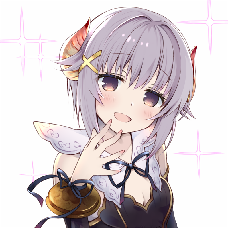 1girl blush cleavage_cutout granblue_fantasy hair_ornament hairclip horns idolmaster idolmaster_cinderella_girls kanora koshimizu_sachiko lavender_hair looking_at_viewer open_mouth short_hair simple_background small_breasts smile solo upper_body violet_eyes white_background