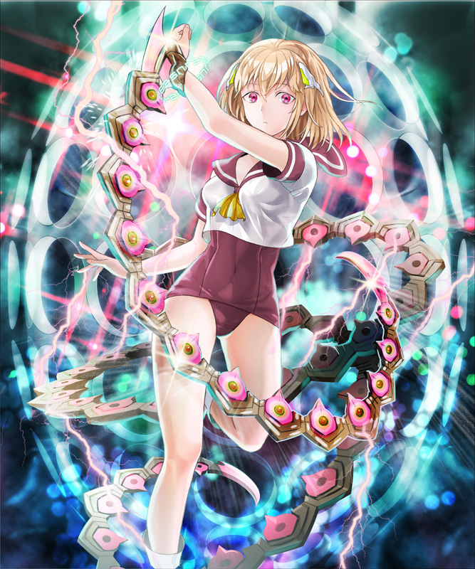 1girl arm_up bangs blade blonde_hair covered_navel eyebrows eyebrows_visible_through_hair glowing hair_between_eyes hair_ornament kuroi lightning looking_at_viewer mecha_musume neckerchief official_art one-piece_swimsuit original pink_eyes purple_school_swimsuit school_swimsuit school_uniform senjou_no_electro_girl serafuku short_hair short_sleeves solo sparkle standing standing_on_one_leg swimsuit swimsuit_under_clothes