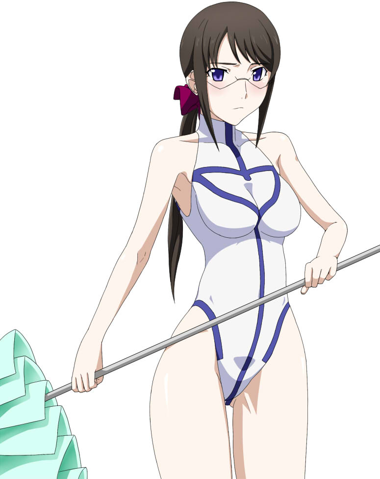 1girl aquarion_(series) aquarion_evol black_hair casual_one-piece_swimsuit glasses holding long_hair mix_(aquarion) one-piece_swimsuit ponytail ribonzu simple_background solo swimsuit violet_eyes white_background