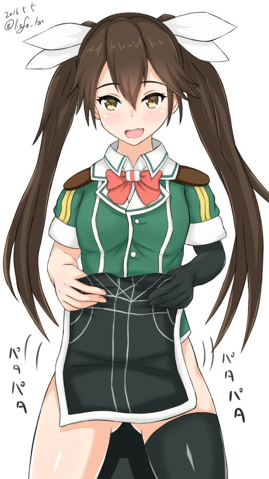1girl :d asymmetrical_legwear blush brown_eyes brown_hair dated hair_between_eyes hair_ribbon kantai_collection linfa_lm long_hair open_mouth pelvic_curtain remodel_(kantai_collection) ribbon single_elbow_glove single_thighhigh smile solo tabard_lift thigh-highs tone_(kantai_collection) translation_request twintails twitter_username wavy_mouth
