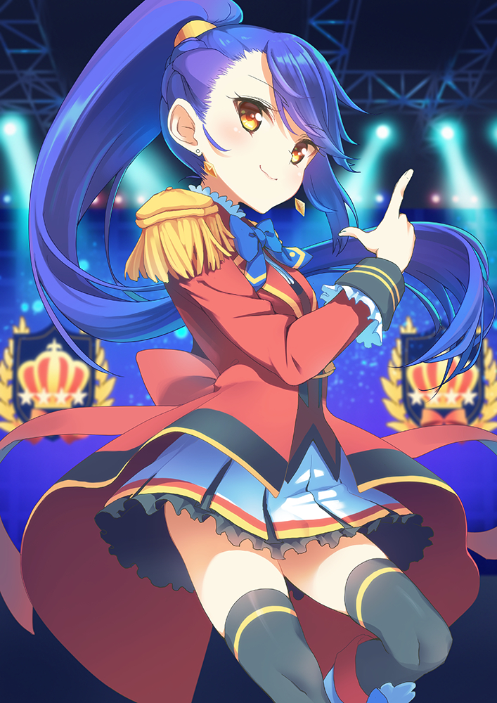 aikatsu_stars! blue_hair blush brown_eyes kisaragi_tsubasa long_hair ponytail smile uniform