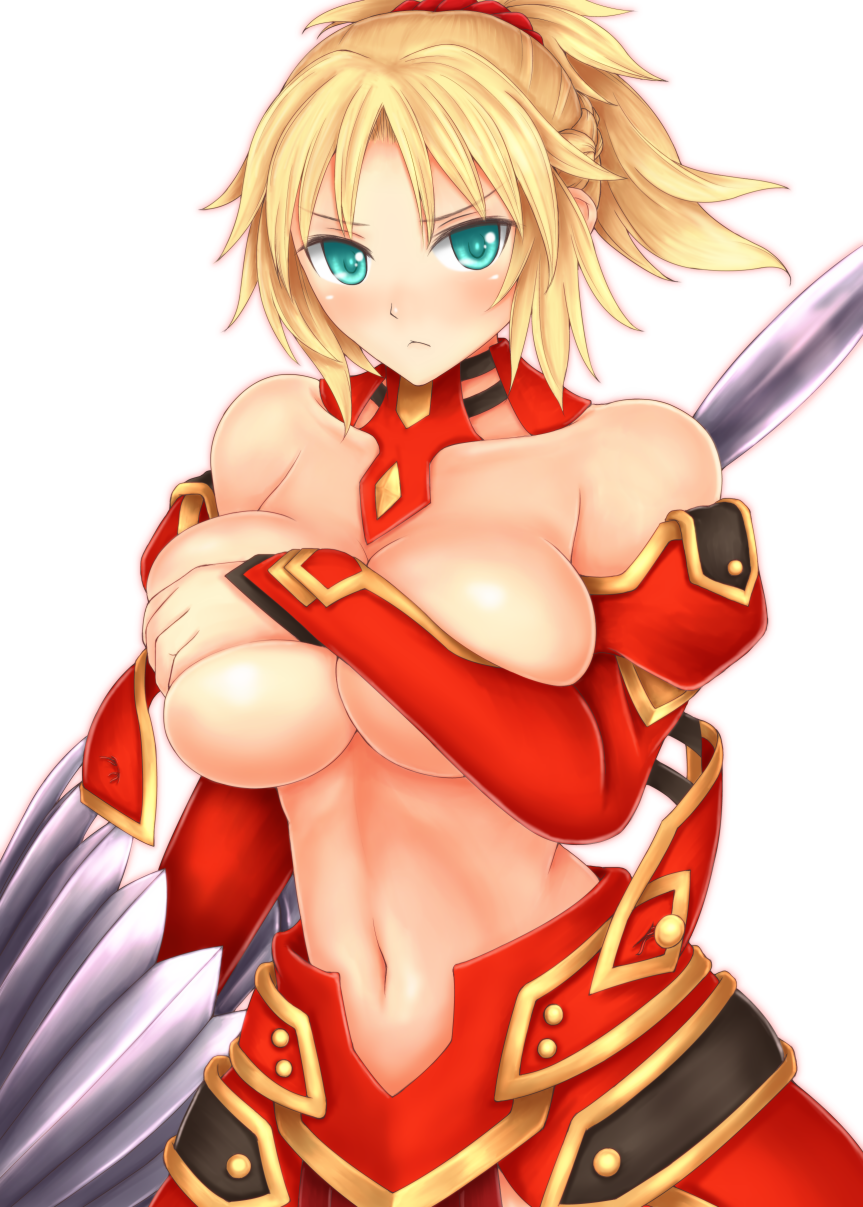 1girl aqua_eyes blonde_hair breasts covering covering_breasts detached_sleeves fate/apocrypha fate/grand_order fate_(series) highres hozenkakari lance large_breasts midriff navel polearm ponytail rhongomyniad saber_of_red simple_background solo topless upper_body weapon white_background