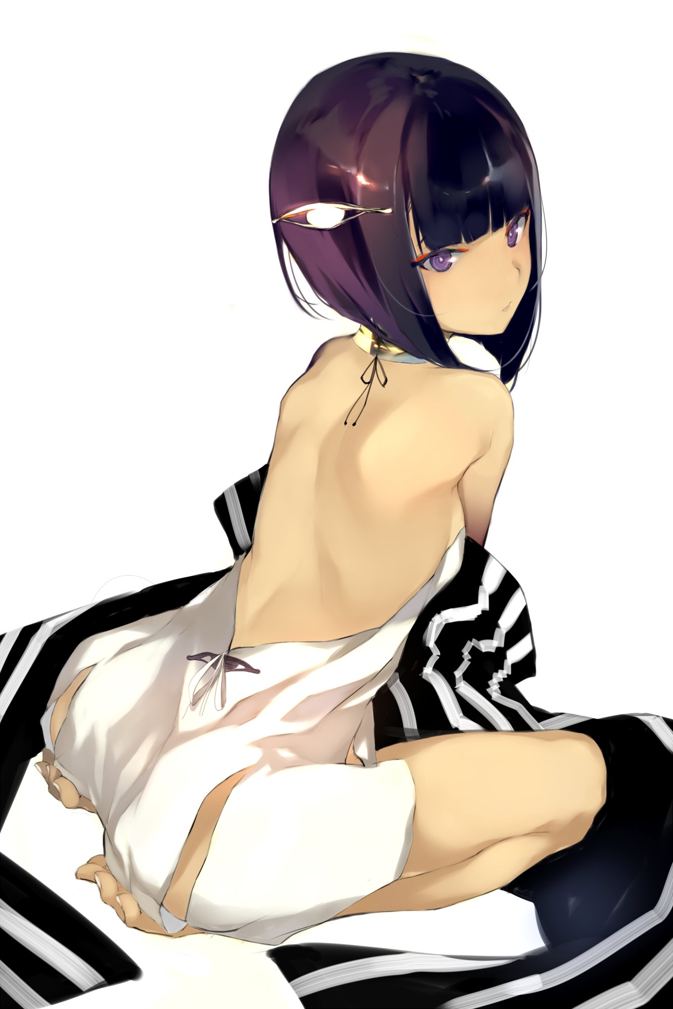1girl back bangs bare_back bare_shoulders barefoot blunt_bangs dress from_behind hair_ornament highres leaning_forward looking_back original purple_hair seiza short_hair shunsei_(muratou) simple_background sitting solo strapless strapless_dress striped toes vertical_stripes violet_eyes white_background