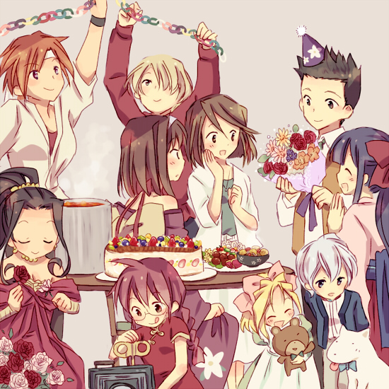 1boy 6+girls antique_camera arms_behind_back black_hair blonde_hair blue_eyes blush bouquet bow braid brown_eyes brown_hair cake camera china_dress chinese_clothes closed_eyes curly_hair dog dougi dress earrings flower food freckles fujieda_kaede glasses grey_hair hair_bow hair_over_one_eye hairband hakama hand_on_own_cheek hands_on_lap hat iris_chateaubriand japanese_clothes jewelry kanzaki_sumire kimono kirishima_kanna lavender_background leni_milchstrasse looking_at_another looking_to_the_side maria_tachibana meiji_schoolgirl_uniform multiple_girls necklace obi oogami_ichirou oven_mitts pants paper_chain party party_hat pink_bow plate purple_hair red_bow red_dress red_shirt redhead reverse_trap ri_kouran rose sakura_taisen sash shinguuji_sakura shirt short_hair simple_background sitting skirt snack soletta_orihime soup spiky_hair steam strapless strapless_dress stuffed_animal stuffed_toy table teddy_bear tongue tongue_out tranquillo_barnetta twin_braids wato