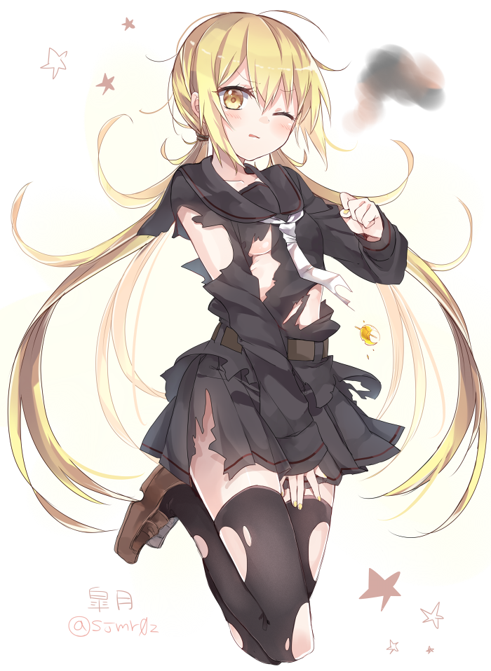 1girl ;| bent_knees black_legwear black_serafuku black_skirt blonde_hair blush breasts brown_shoes character_name collarbone covering covering_crotch full_body kantai_collection loafers long_hair long_sleeves looking_at_viewer neckerchief no_bra one_eye_closed parted_lips pleated_skirt satsuki_(kantai_collection) school_uniform serafuku shijima_(sjmr02) shoes simple_background skirt small_breasts smoke solo thigh-highs torn_clothes torn_thighhighs twintails twitter_username under_boob white_background wince yellow_eyes zettai_ryouiki