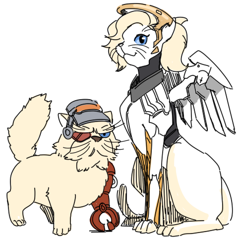 1boy 1girl angel_wings animal animal_ears animalization armor blizzard_(company) blonde_fur blonde_hair blue_eyes cat cat_ears cat_tail eyepatch fluffy grumpy hair hair_over_one_eye halo headband lillu long_hair lowres mercy_(overwatch) overwatch paws ponytail prosthesis prosthetic_leg slit_pupils tagme tail torbjorn_(overwatch) welding_mask whiskers white_fur wings