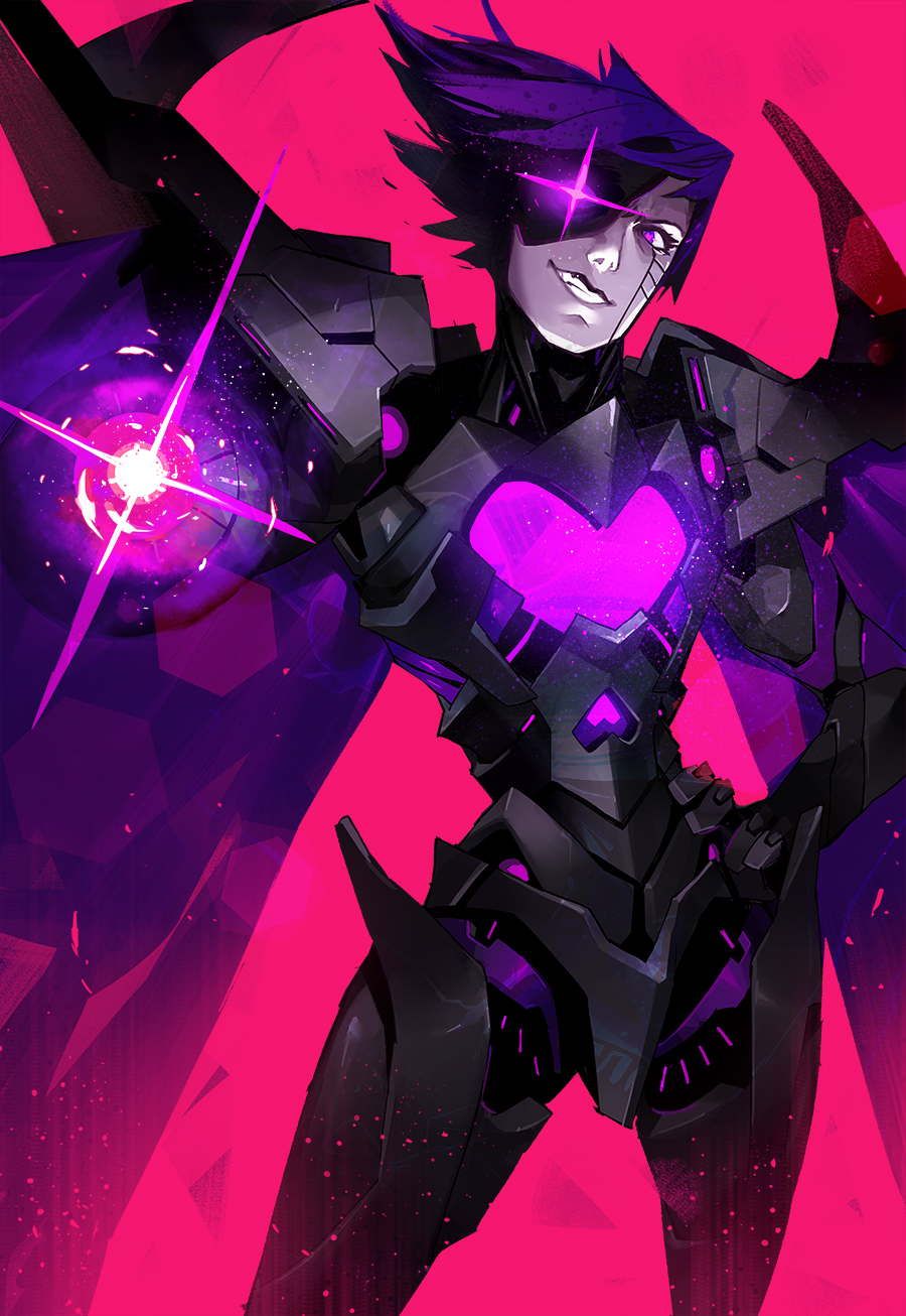 1other androgynous android arm_cannon black_hair cowboy_shot fayren glowing glowing_eye grey_skin grin hand_on_hip heart highres mettaton_neo pink_background smile spoilers teeth undertale violet_eyes weapon