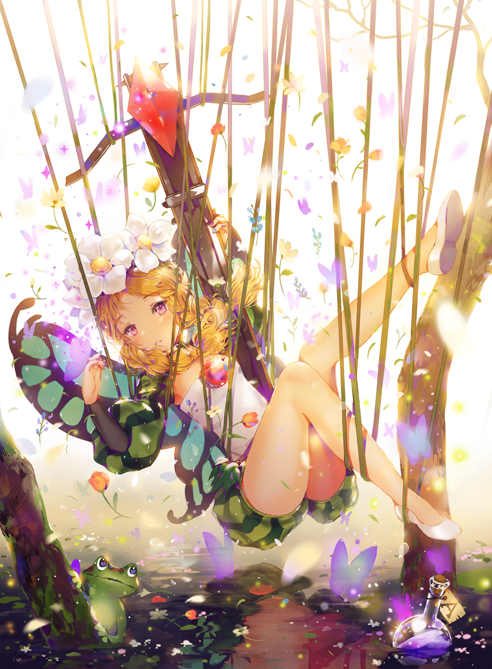 1girl alcohol blonde_hair bow_(weapon) braid butterfly_wings crossbow dangmill fairy flower frog hair_ornament hat_feather highres ingway_(odin_sphere) long_hair mercedes odin_sphere pointy_ears puffy_sleeves red_eyes solo twin_braids weapon wine wings