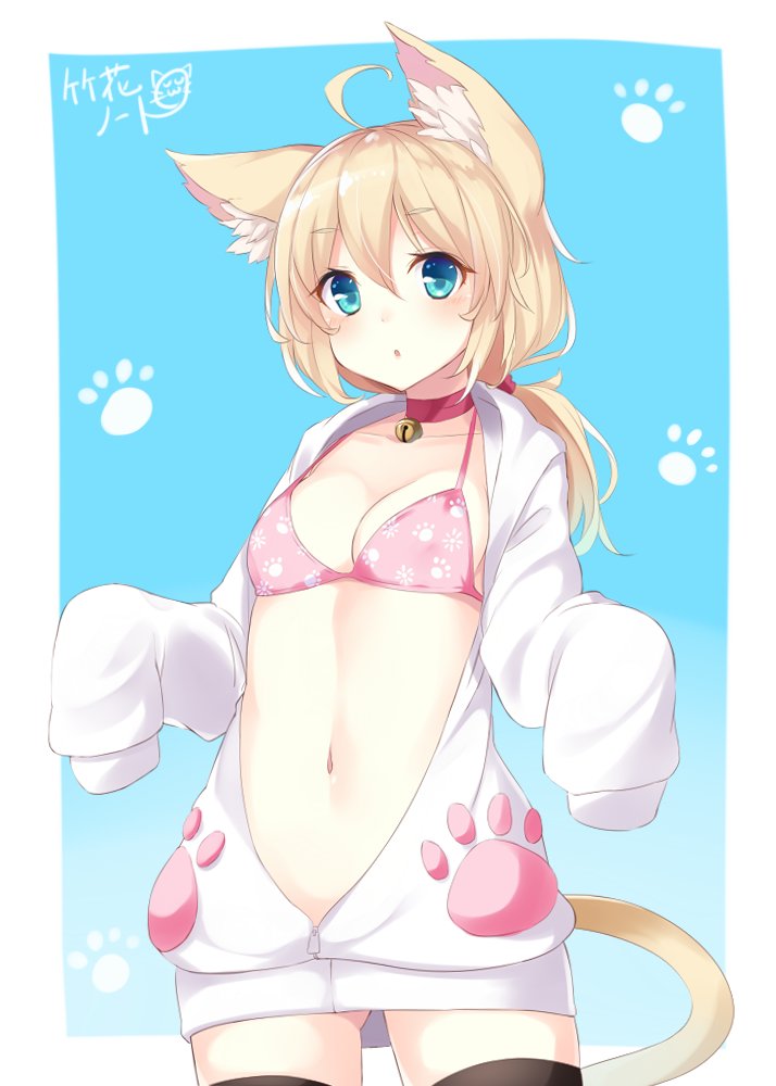 1girl :o ahoge animal_ears bell black_legwear blonde_hair blue_eyes blush bra breasts cat_ears cat_tail character_request cleavage collar cowboy_shot hood hooded_sweater long_sleeves navel note_(aoiro_clip) open_mouth paw_print ponytail sleeves_past_wrists solo sweater tail thigh-highs underwear unzipped zipper