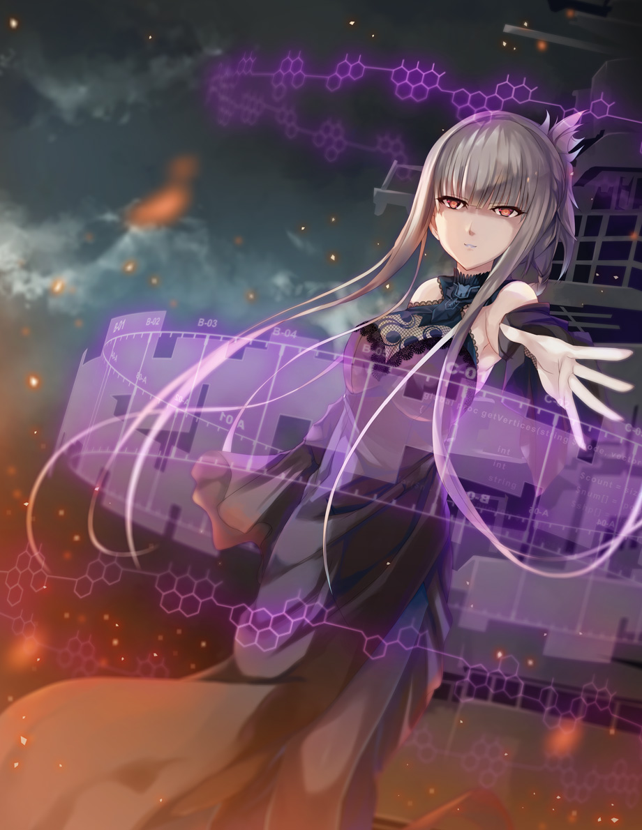 1girl aoki_hagane_no_arpeggio blonde_hair clouds dress hinot kongou_(aoki_hagane_no_arpeggio) long_hair pose red_eyes