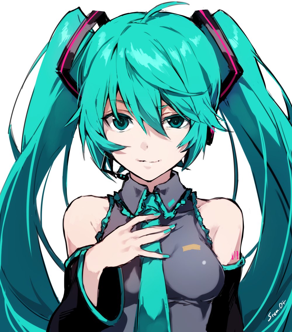 1girl arisaka_ako bare_shoulders breasts detached_sleeves green_eyes green_hair green_nails green_necktie hair_ornament hatsune_miku headset long_hair long_sleeves looking_at_viewer nail_polish necktie solo twintails twitter_username uneven_eyes upper_body vocaloid white_background