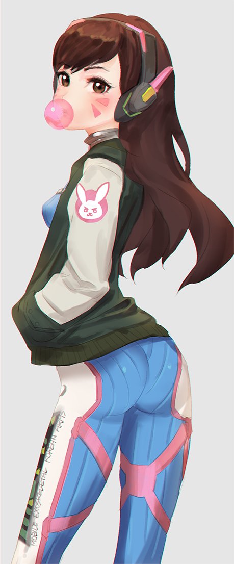 1girl ass bodysuit brown_eyes brown_hair bubblegum clothes_writing d.va_(overwatch) english facial_mark from_behind hands_in_pockets headphones long_hair looking_at_viewer looking_back natsuhara overwatch simple_background solo sweater_vest