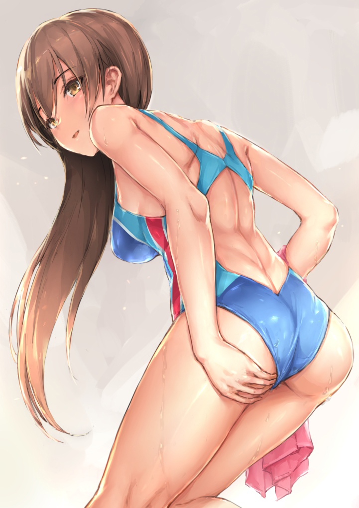 1girl adjusting_clothes adjusting_swimsuit ass back bent_over brown_hair competition_swimsuit cowboy_shot from_behind holding idolmaster idolmaster_cinderella_girls long_hair looking_at_viewer looking_back nitta_minami one-piece_swimsuit open_mouth parfaitlate shiny shiny_skin smile swimsuit towel wet yellow_eyes
