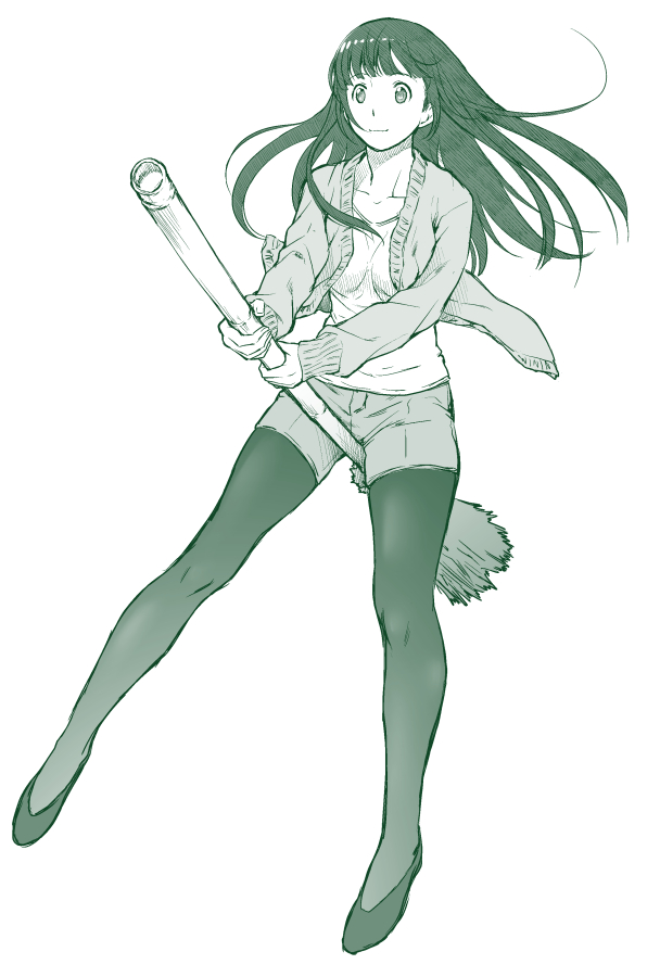 1girl bangs between_legs broom broom_riding cardigan closed_mouth flats flying_witch full_body green holding kouda_tomohiro kowata_makoto long_hair long_sleeves looking_at_viewer monochrome open_cardigan open_clothes pantyhose shorts simple_background sketch smile solo white_background