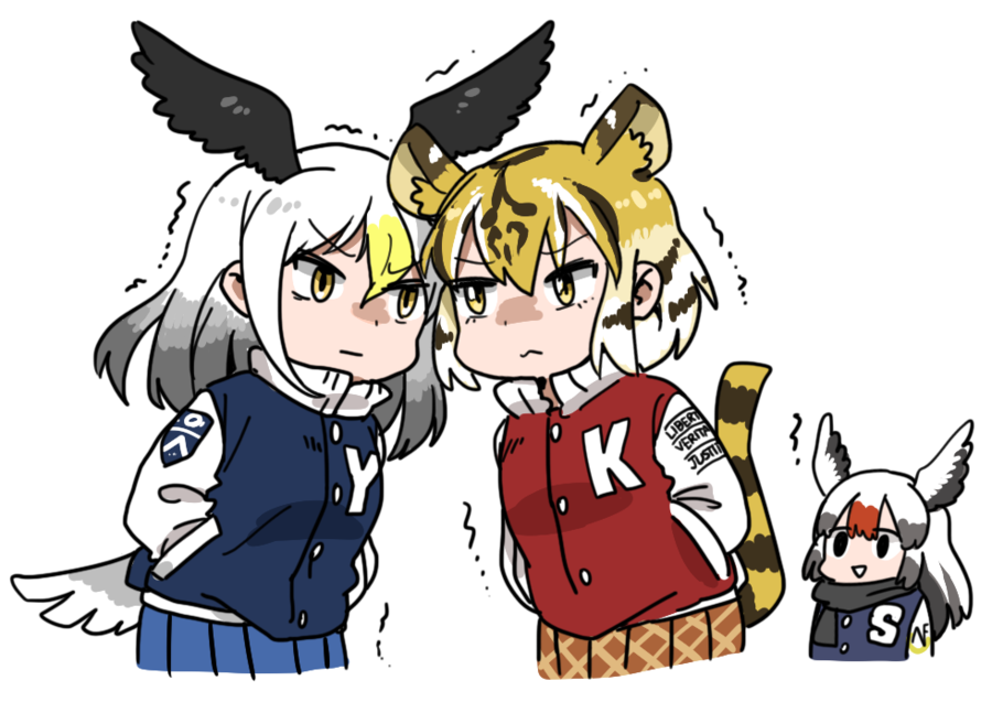 &gt;:s &gt;:| 3girls :d :s alternate_costume alternate_eye_color angry animal_ears animal_print anyan_(jooho) bald_eagle_(kemono_friends) bird_tail bird_wings black_eyes black_scarf blonde_hair blue_jacket blue_skirt brown_hair brown_skirt buttons chibi_inset cowboy_shot cropped_legs cropped_torso dot_nose empty_eyes extra_ears eye_contact eyebrows_visible_through_hair eyelashes gradient_hair grey_hair hair_between_eyes hands_in_pockets head_wings jacket kemono_friends latin letterman_jacket long_hair long_sleeves looking_at_another motion_lines multicolored multicolored_clothes multicolored_hair multicolored_jacket multiple_girls no_nose open_mouth plaid plaid_skirt pleated_skirt pocket popped_collar red-crowned_crane red-crowned_crane_(kemono_friends) red_jacket redhead scarf school_uniform shaded_face simple_background skirt smile streaked_hair striped_tail tail tareme tiger_(kemono_friends) tiger_ears tiger_print tiger_tail trembling tsurime upper_body white_background white_hair white_jacket wings yellow_eyes