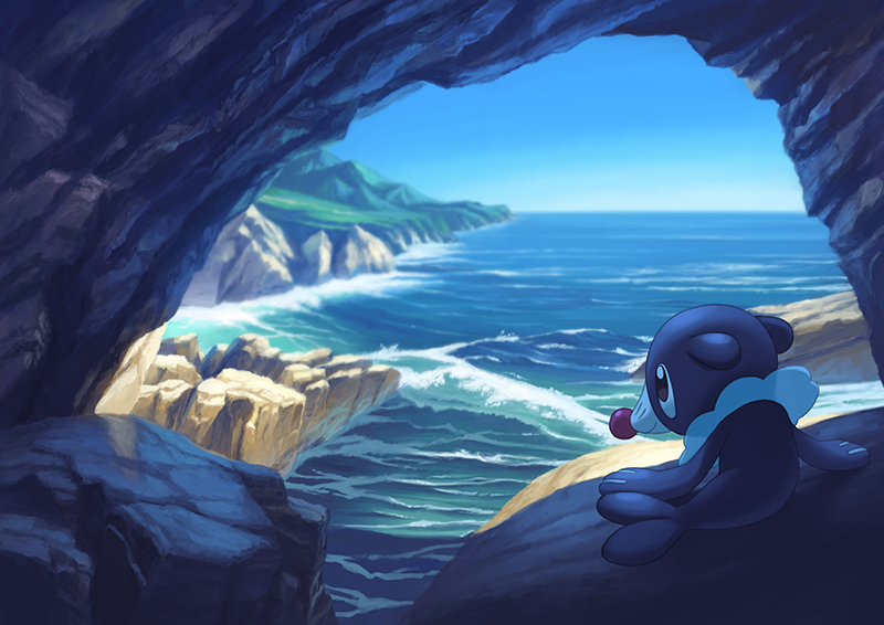 atelier_pocket blue_sky cave cliff mountain nature no_humans ocean pokemon pokemon_(creature) pokemon_(game) pokemon_sm popplio seal shade sky smile solo