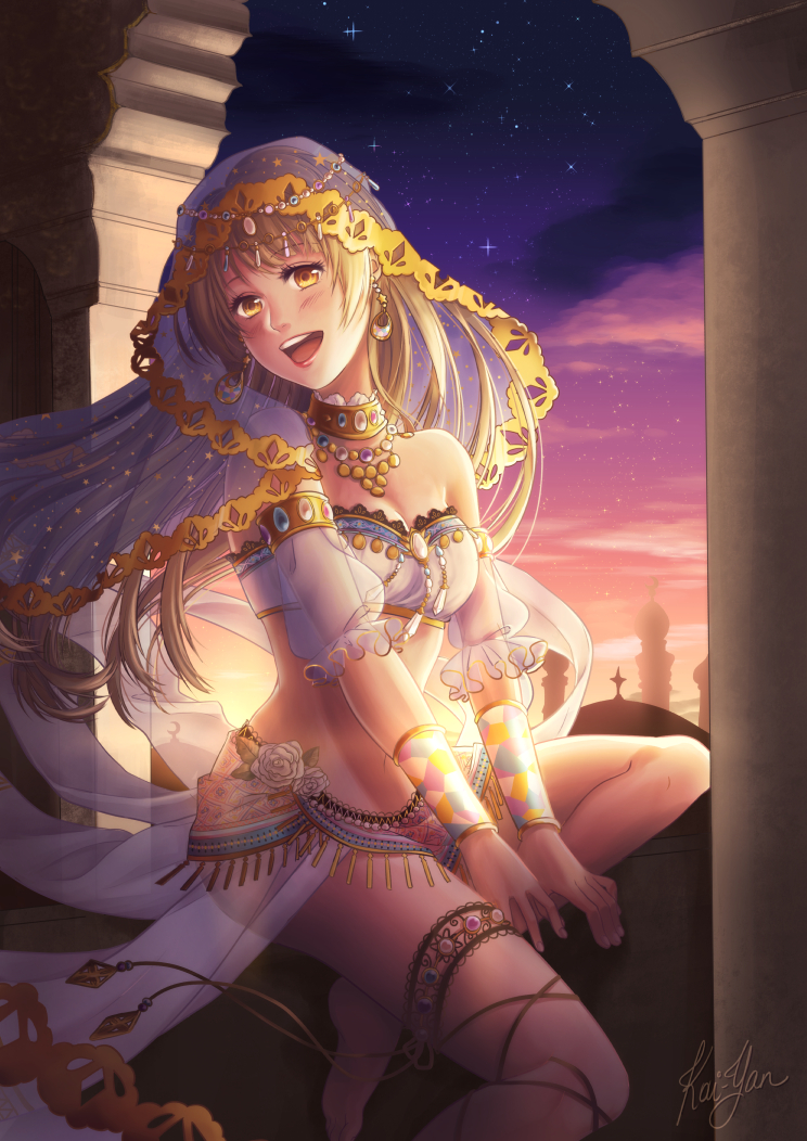 1girl :d arabian_clothes armlet bandeau bangs bare_shoulders barefoot beads blonde_hair blush breasts circlet clouds crescent crop_top cross-laced_legwear detached_sleeves dome earrings eyebrows eyebrows_visible_through_hair eyelashes floating_hair flower frilled_sleeves frills fringe jewelry kai-yan long_hair love_live!_school_idol_festival love_live!_school_idol_project midriff minami_kotori navel necklace open_mouth pillar puffy_short_sleeves puffy_sleeves red_lips rose see-through shade short_sleeves signature sitting skirt sky smile solo star star_(sky) star_earrings star_print starry_sky strapless string thigh_strap thighlet tower twilight vambraces veil white_flower white_rose wind yellow_eyes