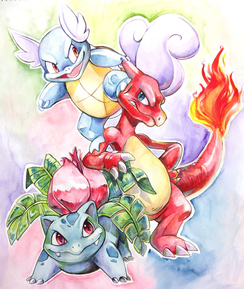 blue_eyes charmeleon claws clenched_teeth evolution fangs fire full_body ivysaur kuitsuku looking_at_viewer no_humans open_mouth pokemon pokemon_(creature) poking red_eyes standing teeth traditional_media wartortle watercolor_(medium)