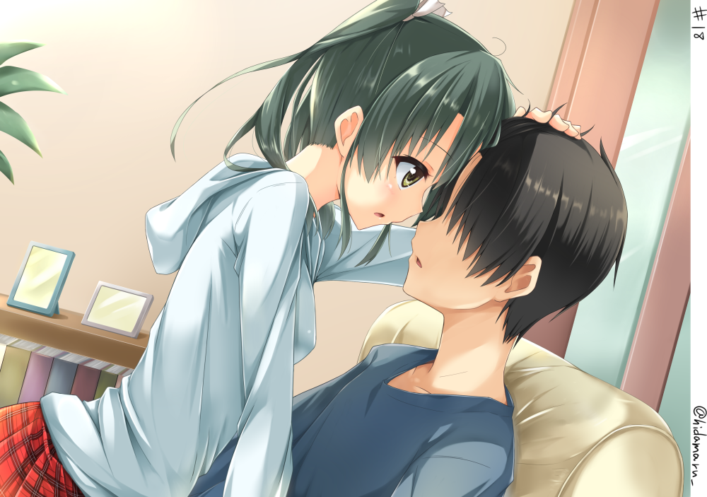 1boy 1girl :o arm_up artist_name black_hair blush collarbone couch dutch_angle from_side green_eyes green_hair hair_ribbon hand_on_another's_head hashtag hino_(2nd_life) hood hooded_sweater kantai_collection long_sleeves number on_couch open_mouth picture_(object) picture_frame plaid plaid_skirt plant pleated_skirt potted_plant profile red_skirt ribbon shaded_face skirt sweater tareme white_ribbon zuikaku_(kantai_collection)