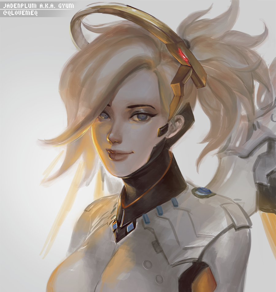 1girl artist_name blonde_hair blue_eyes bodysuit breasts elbow_gloves eyelashes face gloves high_ponytail jadenplum large_breasts lips lipstick long_sleeves looking_at_viewer makeup mechanical_halo mechanical_wings mercy_(overwatch) overwatch ponytail portrait short_hair smile solo twitter_username wings