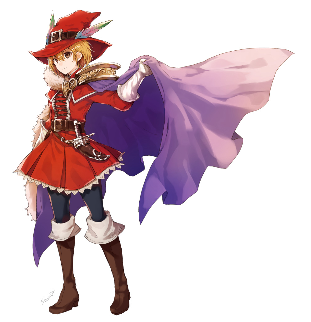 1girl arisaka_ako belt black_legwear blonde_hair boots brown_eyes cape cross-laced_clothes djeeta_(granblue_fantasy) dress european_clothes full_body fur gloves granblue_fantasy hat hat_ornament knee_boots long_sleeves looking_at_viewer pantyhose red_dress red_hat short_hair smile solo white_background white_gloves