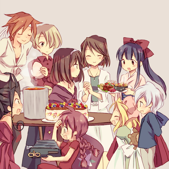 6+girls ^_^ ^o^ antique_camera arms_behind_back black_hair blonde_hair blue_eyes bow braid brown_eyes brown_hair cake camera china_dress chinese_clothes closed_eyes curly_hair dougi dress earrings food freckles fujieda_kaede glasses grey_hair hair_bow hairband hakama holding_plate iris_chateaubriand japanese_clothes jewelry kanzaki_sumire kimono kirishima_kanna lavender_background leni_milchstrasse looking_at_another looking_to_the_side maria_tachibana meiji_schoolgirl_uniform multiple_girls necklace obi oven_mitts pants pink_bow plate purple_hair red_bow red_dress red_shirt redhead reverse_trap ri_kouran sakura_taisen sash shinguuji_sakura shirt short_hair simple_background sitting skirt smudge snack soletta_orihime soup spiky_hair steam strapless strapless_dress stuffed_animal stuffed_toy surprised table teddy_bear tranquillo_barnetta twin_braids wato wiping_forehead