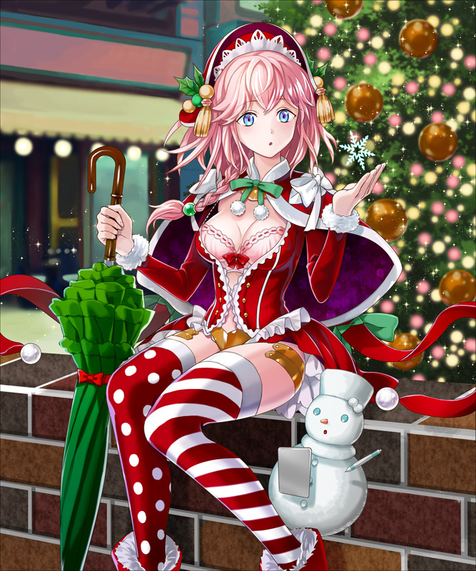 1girl :o bangs blue_eyes bonnet boots bow bra braid breasts brick_wall capelet christmas christmas_ornaments christmas_tree cleavage dress eyebrows eyebrows_visible_through_hair frilled_dress frilled_skirt frills glowing headdress holding kuroi long_hair long_sleeves mismatched_legwear mistletoe official_art original pen pink_bra pink_hair polka_dot polka_dot_legwear pom_pom_(clothes) red_bow red_dress senjou_no_electro_girl shop sitting skirt snow snowflakes snowman solo striped striped_legwear thigh-highs umbrella underwear white_bow
