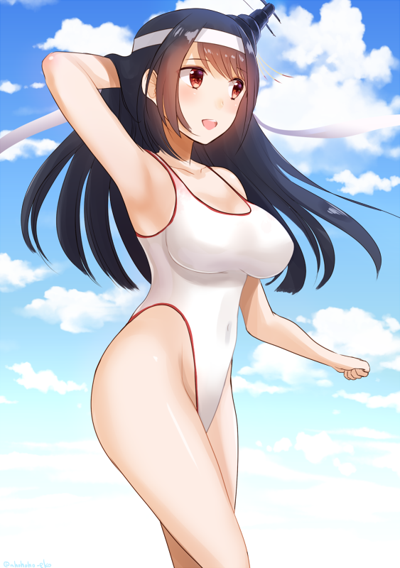 1girl :d arm_up armpits artist_name bare_arms bare_shoulders blue_sky character_request clouds collarbone competition_swimsuit covered_navel cowboy_shot day eko foreshortening groin hand_in_hair headband headgear kantai_collection long_hair one-piece_swimsuit open_mouth red_eyes skin_tight sky smile standing summer swimsuit white_swimsuit