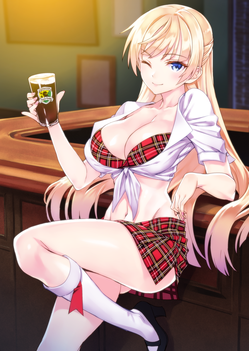 1girl ;) alcohol bar beer bikini bikini_top black_shoes blonde_hair blue_eyes blush breasts cleavage closed_mouth collarbone collared_shirt foam front-tie_top head_tilt high_heels highres holding_glass indoors kneehighs large_breasts leaning light looking_at_viewer matsuryuu mattress midriff nail_polish navel one_eye_closed open_clothes open_shirt original picture_(object) picture_frame pink_nails plaid plaid_bikini plaid_skirt red_bikini_top red_skirt shirt shoes short_sleeves skirt smile solo standing standing_on_one_leg stomach swimsuit white_legwear wing_collar