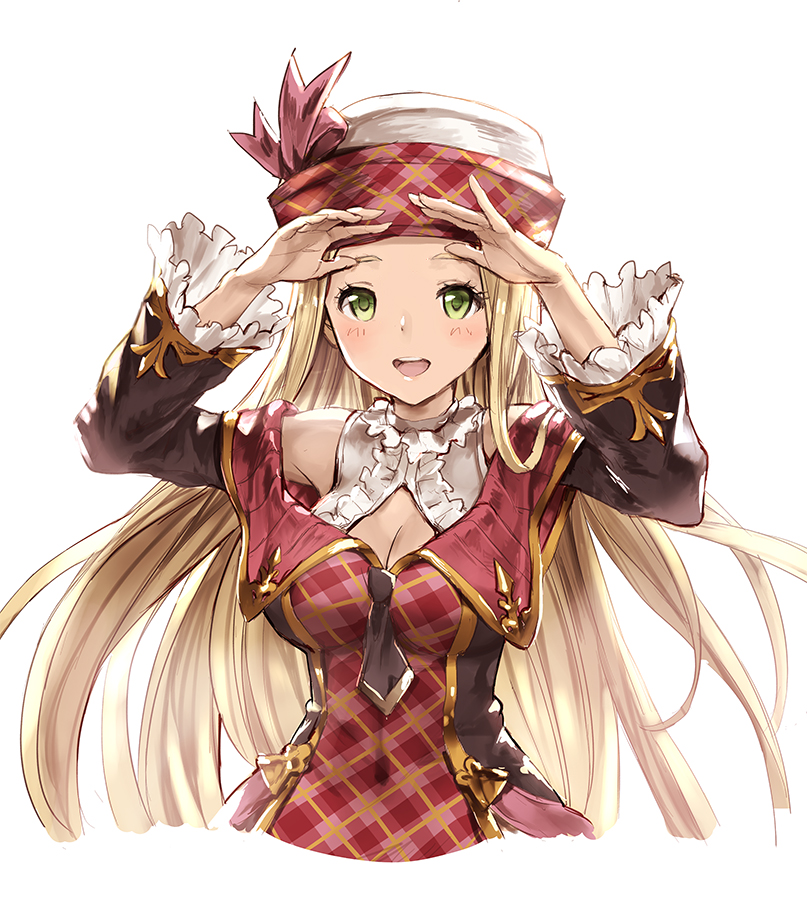 1girl 77gl arms_up blonde_hair bow breasts cleavage cleavage_cutout commentary_request diola_(granblue_fantasy) dress frilled_sleeves frills granblue_fantasy green_eyes hat hat_bow long_hair long_sleeves looking_at_viewer open_mouth plaid plaid_shirt shirt smile solo upper_body very_long_hair white_background wide_sleeves