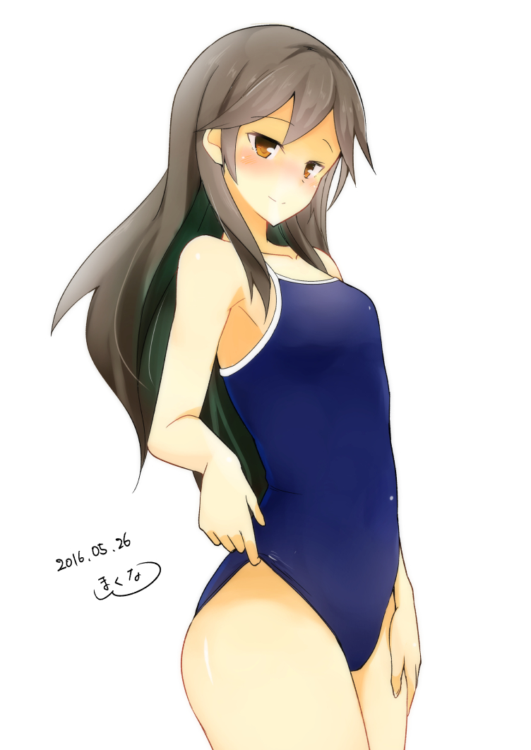 1girl arashio_(kantai_collection) brown_eyes brown_hair competition_swimsuit dated hand_on_hip kantai_collection kitaminami long_hair one-piece_swimsuit smile solo swimsuit