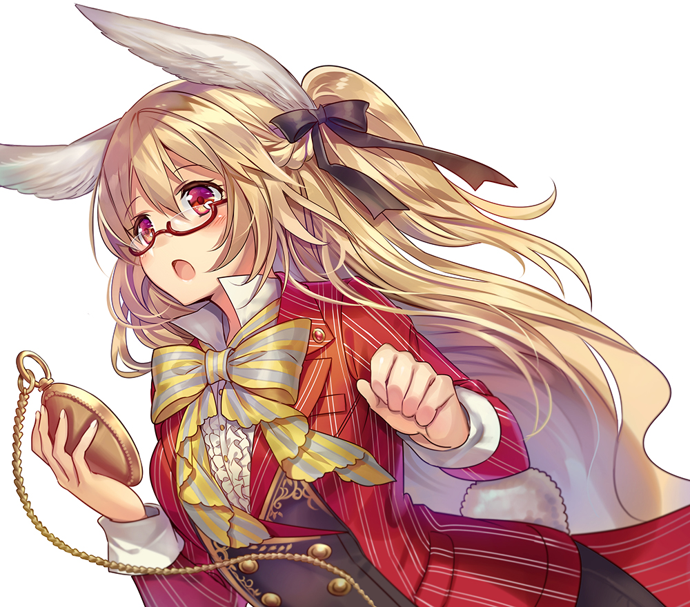 1girl alice_in_wonderland animal_ears bangs black_bow blonde_hair blush bow bowtie bunny_tail eyebrows eyebrows_visible_through_hair formal glasses hair_between_eyes hair_bow holding long_hair madogawa open_mouth original pocket_watch rabbit_ears red_eyes solo suit tail watch white_rabbit_(cosplay)