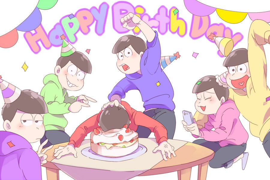 6+boys bowl_cut brothers brown_hair cake cellphone food food_on_face grin happy_birthday hat heart heart_in_mouth hood hoodie jitome laughing male_focus matsuno_choromatsu matsuno_ichimatsu matsuno_juushimatsu matsuno_karamatsu matsuno_osomatsu matsuno_todomatsu messy_hair multiple_boys osomatsu-kun osomatsu-san party_hat phone pointing sextuplets shorts siblings simple_background sleeves_past_wrists smartphone smile table v white_background