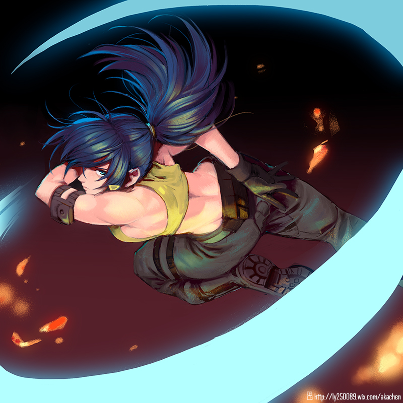 1girl a-ka action arm_behind_back arm_belt attack back bangs belt_pouch black_boots black_gloves black_pants blue_eyes blue_hair boots closed_mouth crop_top fire floating_hair gloves gradient gradient_background holster leona_heidern long_hair looking_at_viewer midriff one_eye_covered pants ponytail shoe_soles sleeveless solo tank_top the_king_of_fighters the_king_of_fighters_xiv thigh_strap toned watermark web_address