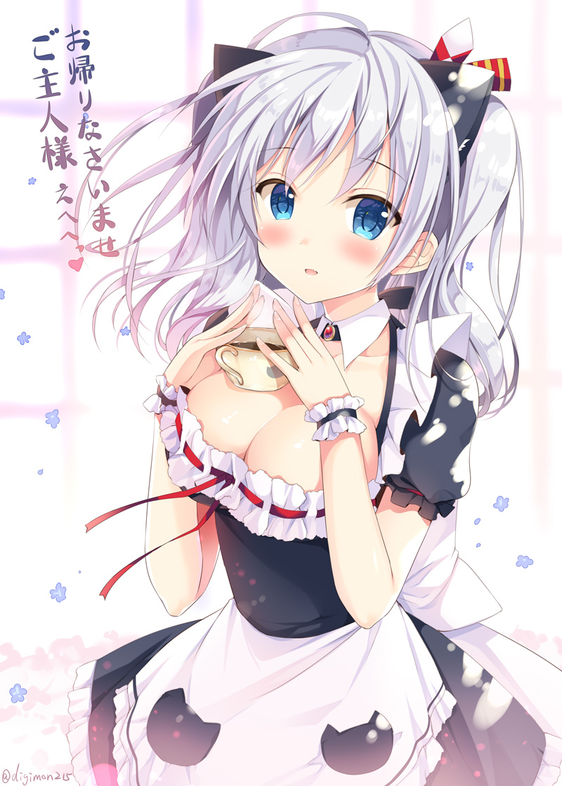 animal_ears apron blue_eyes blush breasts cat_ears cup detached_collar dress fang frills hair_ribbon kantai_collection kashima_(kantai_collection) large_breasts looking_at_viewer maid maid_apron open_mouth puffy_short_sleeves puffy_sleeves ribbon short_sleeves sidelocks silver_hair smile sousouman teacup translation_request twintails wavy_hair wrist_cuffs