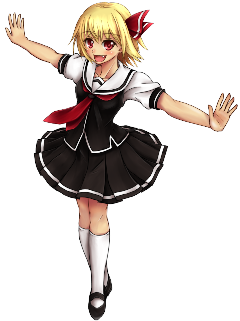 1girl :d adapted_costume black_serafuku black_skirt blonde_hair blush collarbone fang full_body hair_ribbon hozenkakari looking_at_viewer neckerchief open_mouth outstretched_arms pleated_skirt puffy_short_sleeves puffy_sleeves red_eyes red_ribbon ribbon rumia school_uniform serafuku short_hair short_sleeves skirt skirt_set smile socks solo spread_arms touhou white_background white_legwear