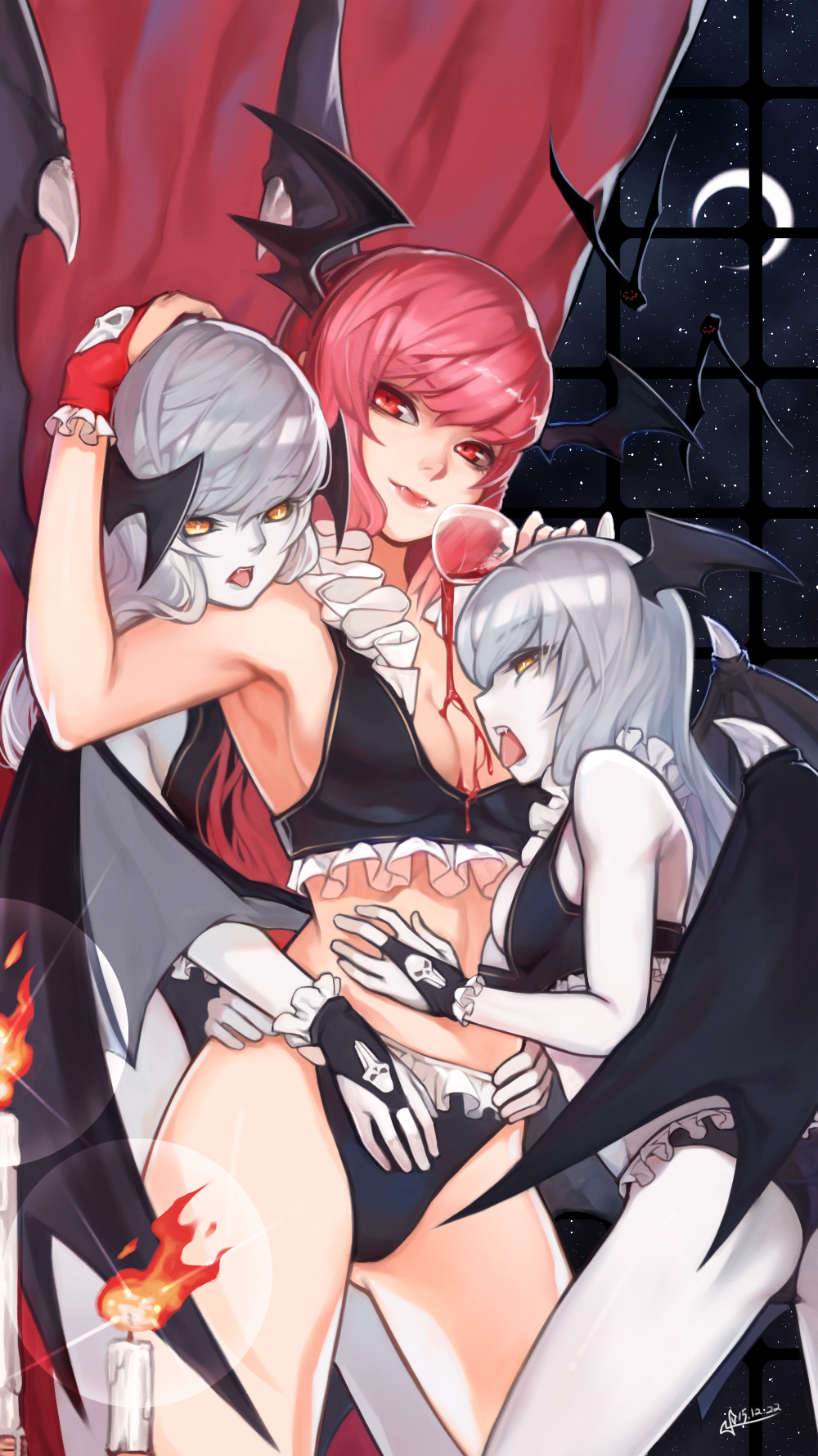 3girls ass blood breasts candle cleavage crescent_moon crusaders_quest cup demon_wings drinking_glass fangs fingerless_gloves gloves head_wings highres licking long_hair looking_at_viewer moon multiple_girls night pink_hair red_eyes sky smile squidsmith star_(sky) starry_sky teeth tongue tongue_out white_skin wine_glass wings yellow_eyes