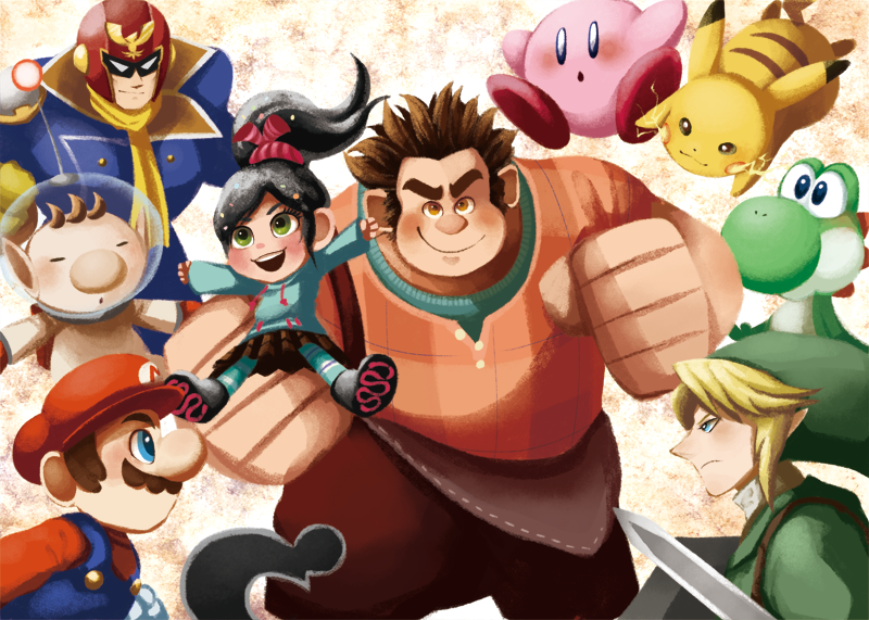 black_hair blonde_hair blue_eyes brown_eyes brown_hair captain_falcon clenched_hands crossover disney f-zero facial_hair frown green_eyes hat helmet hoshi_no_kirby kirby kirby_(series) link mario super_mario_bros. mr._game_&amp;_watch mustache olimar open_mouth overalls pikachu pikmin pleated_skirt pokemon ponytail robotoco scarf skirt super_smash_bros. sword the_legend_of_zelda vanellope_von_schweetz weapon wreck-it_ralph wreck-it_ralph_(character) yellow_scarf yoshi