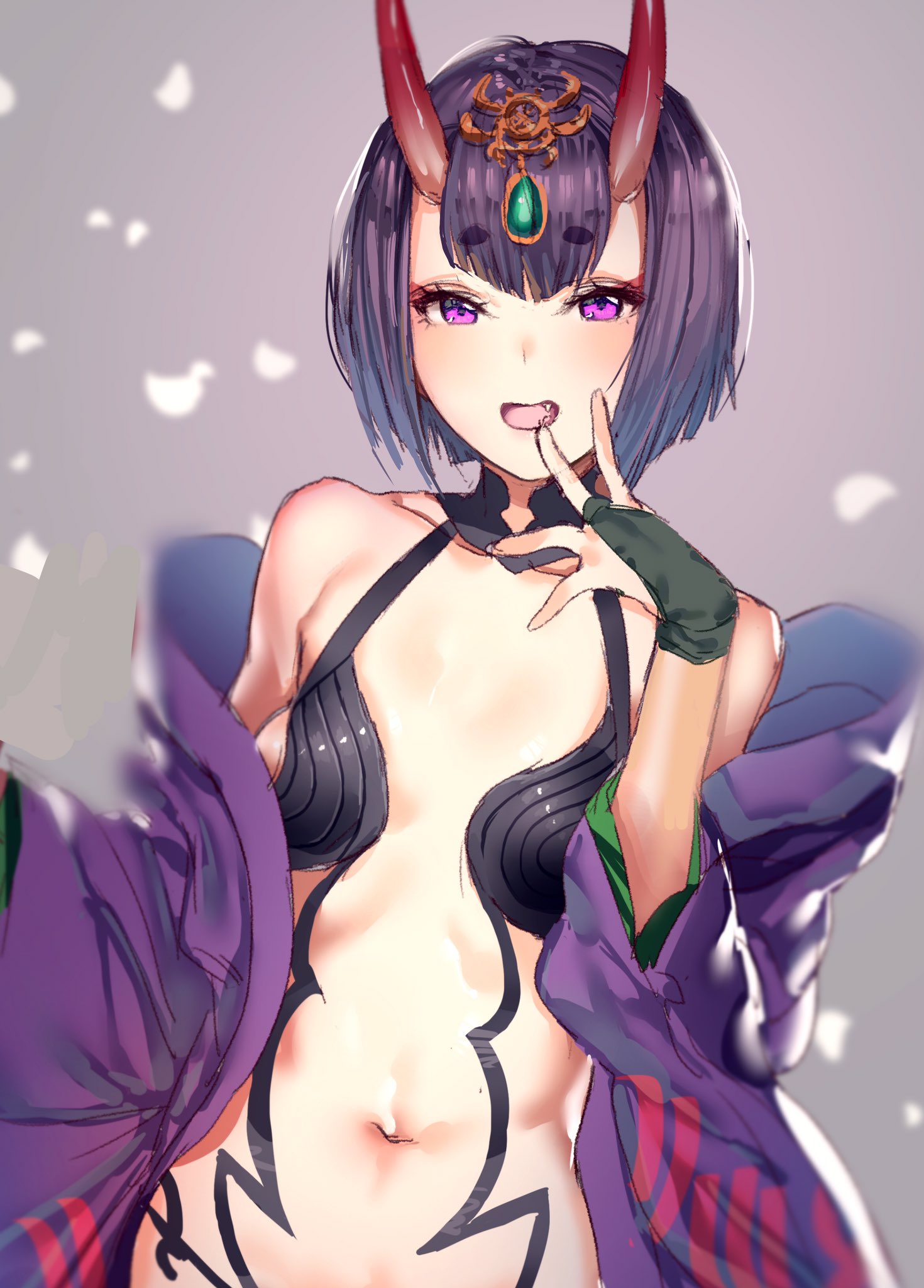 1girl bangs bare_shoulders eyebrows eyebrows_visible_through_hair fate/grand_order fate_(series) fingerless_gloves gloves hair_ornament highres hiyashi_yaki horns japanese_clothes kimono looking_at_viewer navel oni open_mouth purple_hair short_hair shuten_douji_(fate/grand_order) sketch solo violet_eyes