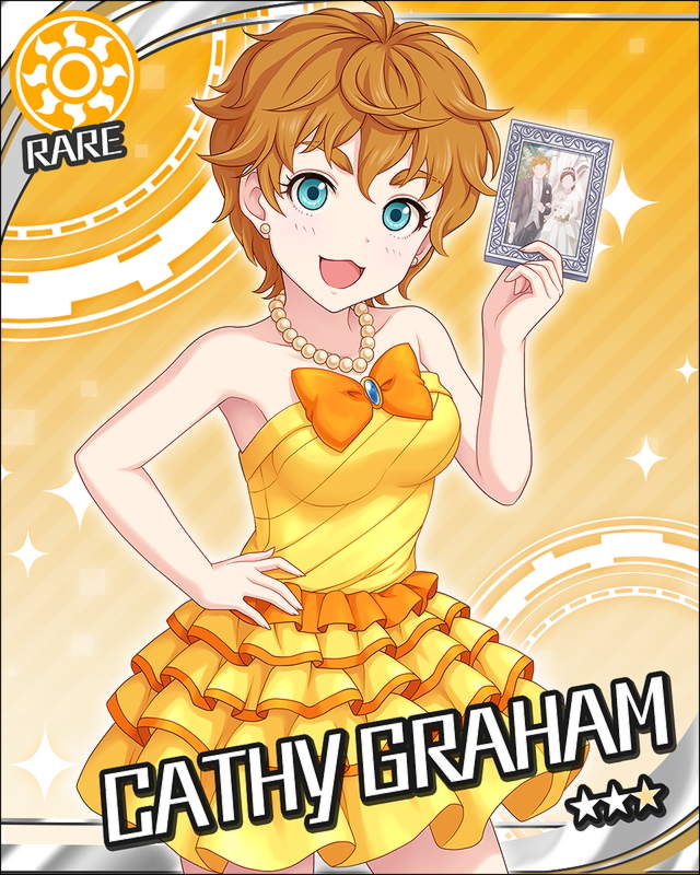 1girl aqua_eyes artist_request blonde_hair card_(medium) cathy_graham character_name dress earrings eyebrows idolmaster idolmaster_cinderella_girls jewelry official_art orange_background short_hair solo sparkle strapless strapless_dress sun_(symbol) yellow_dress