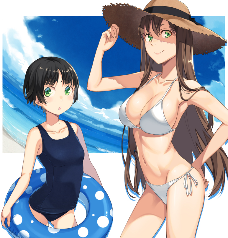 2girls :o arms_at_sides ass_visible_through_thighs bangs beach bikini black_hair black_ribbon blue_sky blue_swimsuit border breasts brown_hair cleavage closed_mouth clouds contrapposto cowboy_shot eyelashes green_eyes groin hair_between_eyes hand_on_hip hat hat_ribbon holding kimura_(ykimu) large_breasts long_hair looking_at_viewer multiple_girls navel ocean one-piece_swimsuit original ribbon school_swimsuit shade short_hair side-tie_bikini sideboob sky small_breasts smile standing stomach strap_gap straw_hat swimsuit white_bikini
