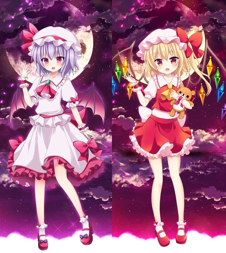 2girls :d :o ascot bangs bat_wings blonde_hair bobby_socks bow bow_legwear brooch clouds cloudy_sky crystal flandre_scarlet frilled_shirt_collar frills full_body full_moon hand_up hat hat_bow jewelry looking_at_viewer mary_janes mayo_(miyusa) mob_cap moon multiple_girls night night_sky open_mouth petals pink_eyes puffy_short_sleeves puffy_sleeves purple_hair red_bow red_eyes red_shoes remilia_scarlet shoe_bow shoes short_hair short_sleeves siblings side_ponytail sisters skirt skirt_set sky smile socks split_screen standing star_(sky) starry_sky stuffed_animal stuffed_toy teddy_bear touhou white_legwear wings wrist_cuffs