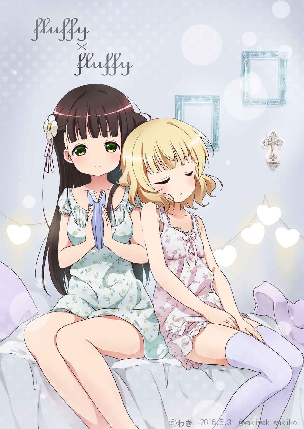 2girls artist_name bangs bed blonde_hair book brown_hair closed_eyes commentary_request cross dated floral_print flower frills gochuumon_wa_usagi_desu_ka? green_eyes hair_flower hair_ornament hands_on_lap highres holding holding_book kirima_sharo leaning_on_person long_hair multiple_girls neki_(wakiko) nightgown on_bed picture_frame ribbon short_hair sitting sitting_on_bed smile thigh-highs twitter_username u_u ujimatsu_chiya wavy_hair white_legwear